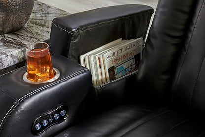 Signature Design by Ashley Caveman Den Modern Faux Leather Power Reclining Loveseat with Console, Adjustable Headrest and LED Lights, Black