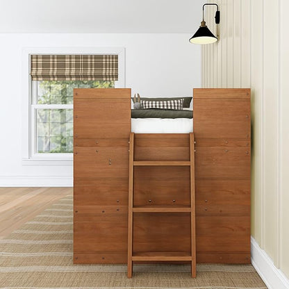 Max & Lily Modern Farmhouse Twin Low Loft Bed with Bookcase - Solid Wood, 15” Guardrails, 400-lb Capacity, Low-VOC Finish, Farmhouse Pecan