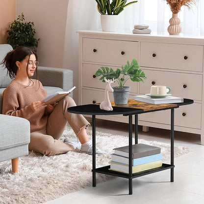 ETELI Small Black Coffee Table Oval Center Table with Storage and Open Shelf Round Coffee Tea Table for Small Space Living Room Home Office, Brown & Black