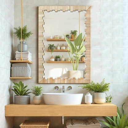 Boho Wall Mirror with Wood Frame, 30"x20" Faux Rattan Decorative Vanity Mirror for Bathroom, Living Room, Bedroom, Entryway(Rectangle)