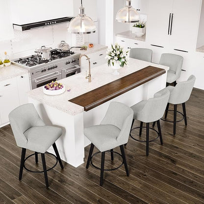 Counter Height Swivel Bar Stools Set of 6, 26 Inch Bar Stools with Footrest, Linen Fabric Upholstered Barstools with Back and Solid Wood Legs for Kitchen Island, Dining Room,Pub,White