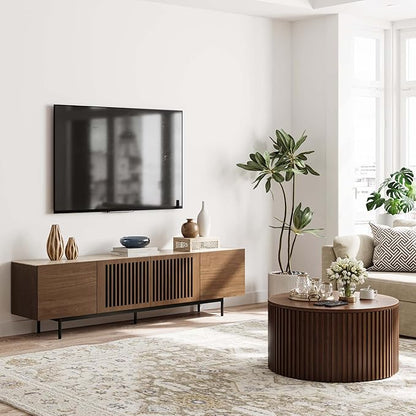 POVISON Mid Century Modern Sintered Stone TV Stand, Slatted Media Console TV Cabinet with Tall-cast Metal Legs, Fluted Entertainment Center with Storage, Fully-Assembled (Walnut, 78.74")