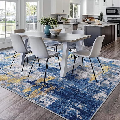 Washable Area Rugs 8'x10' Non-Slip Modern Abstract Soft for Living Room Entryway Bedroom Nursery, Print Pattern, Grey Blue Gold/Golden