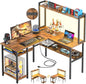 Unikito L Shaped Gaming Desk with LED Strip and Power Outlets, Reversible L-Shaped Computer Desk with Storage Shelves, Corner Desk with Hutch, 2 Person Home Office Desk, Rustic Brown