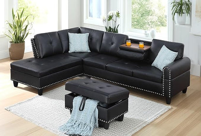 98 Inch L Shaped Sectional Sofa with Chaise Lounge, Storage Ottoman and 2 Pillows, 4-Seaters Faux Leather Upholstered Tufted Couch w/Cupholder & Nailhead Trim for Living Room, Office, Black