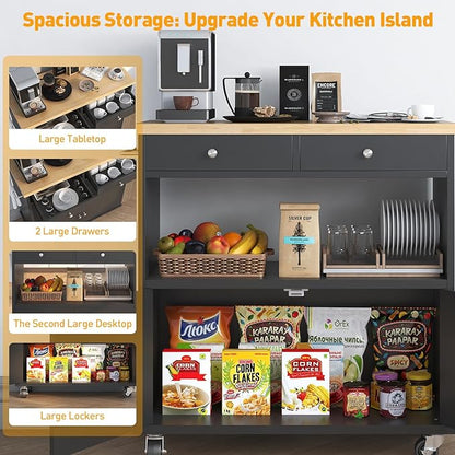 Rolling Kitchen Island with Storage Cabinet, 35.4'' Width Kitchen Cart, 2 Drawers Island Table, Portable Mobile Kitchen Island with Towel Rack, Wood Top and Lockable Wheels, Black
