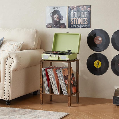 LELELINKY 2-Tier Bamboo Record Player Stand Set of 2 with Vinyl Record Storage up to 100 Albums, Boho Bedroom Record Holder and Multi-Functional End Table for Living Room, Brown