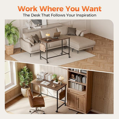 Rolling Computer Desk with Wheels, Gaming Desk for Small Spaces, Modern Simple Style Table for Home Office, Study Writing Table (Caster, Walnut, 32 inch)