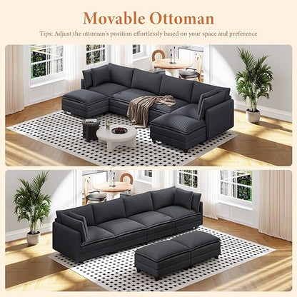 Vesgantti 109" U Shaped Cloud Sectional Sofa, Comfy Corduroy Upholstered Sectional Modular Sofas for Living Room, Modern Modular Couch with 2 Ottoman Deep Seat, Dark Grey