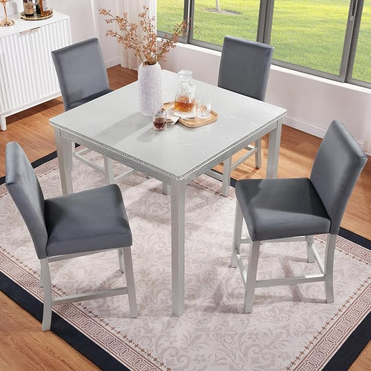 KEIKI 5-Piece Counter Height Dining Table Set with Square Table and 4 Upholstered Chair, for 4 Person, Classic Crystal Decoration Wooden Table Set, Easy Assembly, for Kitchen, Dining Room, Silver Grey