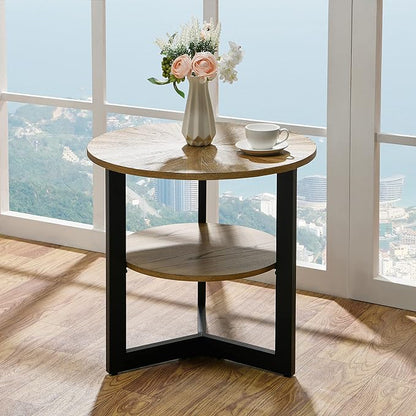 LEEMTORIG Round Side Table, Large 2-Tier End Table Nightstand with Metal Legs, Modern Bedside Couch Table for Living Room, Bedroom, Office, Rustic Natural/Black, 25.2 x 25.2 x 24 inches CJZ-1338