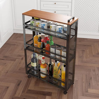 2025 New, Slim Kitchen Storage Cart, 3-Tier Metal Rolling Utility Cart Mesh Basket, Multifunction Wire Basket Shelf Trolley for Home Laundry, Bathroom, Living Room, Black