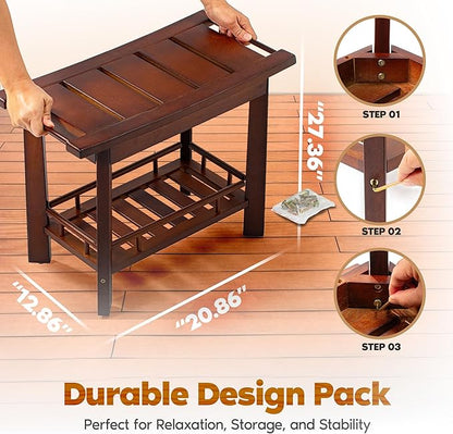 21" Teak Shower Bench for Inside – Luxury Spa-Style Comfort, FSC Certified Durable Teak Wood, Water-Resistant, Ergonomic Seat, Anti-Skid Stability and Enclosed Storage Shelf, 350 lbs Capacity