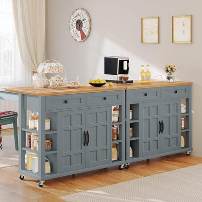 DWVO Rolling Kitchen Island with Drop Leaf, Mobile Storage Islands with Power Outlet Foldable Tabletop, 2 Drawers and Open Shelves, for Living Room, Dining Room, Blue Gray
