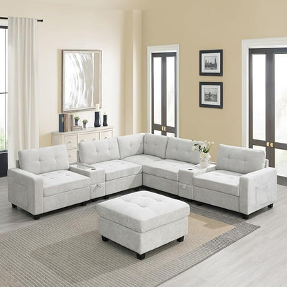 Merax 6 Seater Chenille Sectional Couches with 2 Acrylic Table Top Consoles, Upholstered Modular Tufted Sofa Chaise with Ottoman, Storage Drawers, Pockets, USB Charger & Cup Holders for Living Room