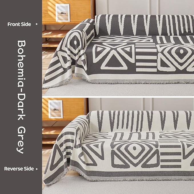 STACYPIK Simple Dark Grey Boho Sofa Cover for Sectional Soft Tassel Chenille Couch Cover for 3 Cushion Couch Reversible Loveseat Cover for Dogs Cats Non-Silp Furniture Cover Multi-Use Blanket-91x134IN