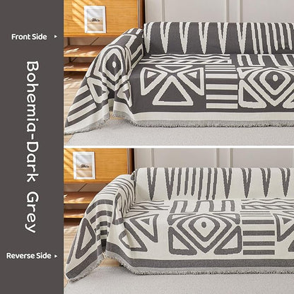 STACYPIK Simple Dark Grey Boho Sofa Cover for Sectional Soft Tassel Chenille Couch Cover for 3 Cushion Couch Reversible Loveseat Cover for Dogs Cats Non-Silp Furniture Cover Multi-Use Blanket-91x150IN