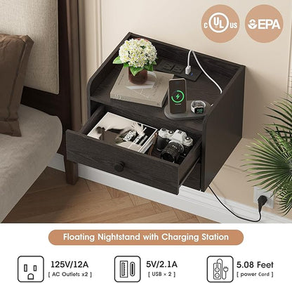 Floating Nightstand Set of 2 with 2 Storage Drawers and Charging Station Wood Wall Mounted Bedside End Table Modern Night Stands Set 2 for Bedroom,Small Space,Black