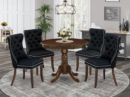 East West Furniture ANDA5-AWA-24 5 Piece Dining Table Set Consists of a Round Kitchen Table with Pedestal and 4 Polyester Fabric Padded Chairs, 36x36 Inch, Antique Walnut