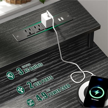 47 Inch Computer Gaming Desk with Power Outlets & LED Lights Reversible Home Office Desk with Adjustable 5 Fabric Storage Drawers for Working Writing Study, Black
