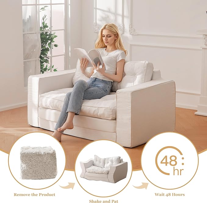 YOSHOOT Loveseat Sleeper Sofa,55" Convertible Sofa Bed Couch Futon Couches for Living Room,3-in-1 Pull Out Floor Couch with Reclining Backrest and Pillows, Beige