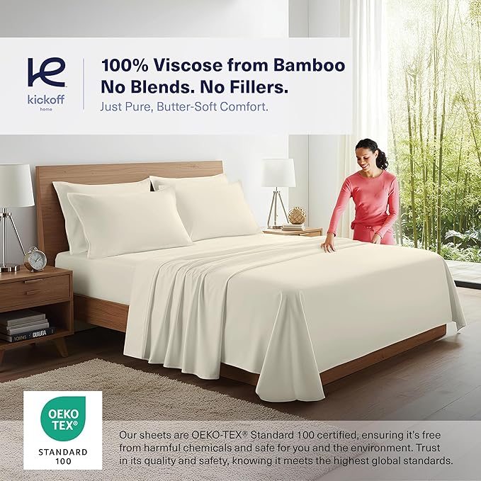 Kickoff Viscose Bamboo Sheets Queen Size 4-pc 100% Organic Bamboo Viscose Bed Cooling Sheets Queen Size Set Cool Bedding for hot Sleepers Sheet, Flat, Fitted, Pillowcases (Buttercream, Q)