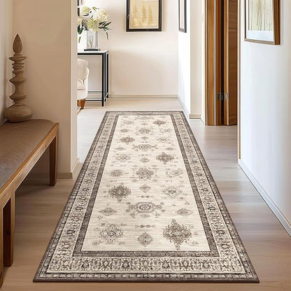 2X5 Area Rugs Machine Washable Rugs for Living Room, Vintage Boho Large Rugs for Bedroom Dining Room, Non Slip Indoor Soft Distressed Lightweight Thin Low Pile Carpet, Beige