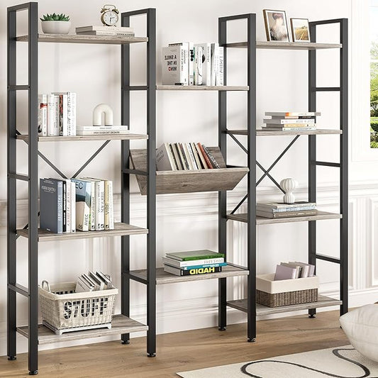 Shintenchi Industrial Bookcase,71.6” Triple 4 Tier Bookshelf with 11 Open Display Shelves,Large Etagere Bookshelf Open Record Player Shelves,Wide Book Shelf Book Case for Home & Office, Grey