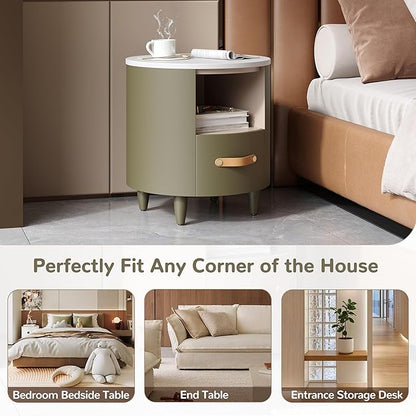 Merax Round Nightstand with Storage Drawer, MDF Contemporary Modern Bedside Table with Open Storage Shelf, Curved Design Sofa End Table for Bedroom & Living Room, Easy Assembly, Green