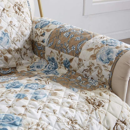 Great Bay Home Reversible Floral Patchwork Furniture Protector Scalloped Edge Stain Resistant Printed Furniture Protector Maribel Collection (Chair, Taupe/Blue)