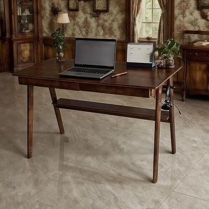 Oak Desk with Drawers, Solid Wood Desk with Bookshelf Small Computer Desk for Small Spaces Mid-Century Modern Wood Writing Desk with 2 Drawers for Home Office 39"