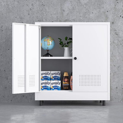 Metal Storage Cabinet with 2 Doors and Adjustable Shelf, Free Standing Accent Sideboard Buffet Cabinet for Home, Office, Entryway, Hallway, Living Room, Kitchen and Dining Room (White)