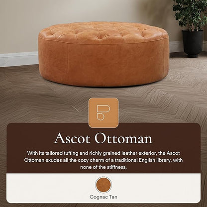 Poly & Bark Ascot Ottoman – 40" Round Pouf with Feather-Down Topper – Full-Grain Leather Upholstered Pouf Ottoman for Living Room – Vintage Italian Leather in Cognac Tan