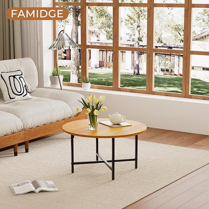 Coffee Table, 23.6" Coffee Tables for Living Room, Round Coffee Table with Metal Frame, Floor Table for Sitting on The Floor, Home, Office, Honey Brown