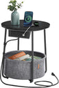 VASAGLE Side Table with Charging Station, Round End Table with Fabric Basket, Nightstand with Power Outlets, USB Ports, for Living Room, Bedroom, Modern, Ebony Black and Slate Gray ULET228B01