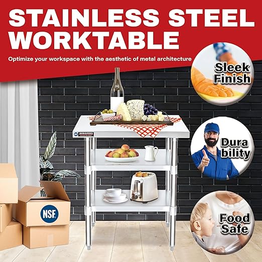 DuraSteel Food Prep Stainless Steel Table - 24 x 30 Inch Commercial Metal Workbench with Adjustable Under Shelf - NSF Certified - for Restaurant, Warehouse, Home, Kitchen, Garage