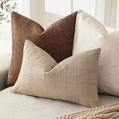 Foindtower Set of 2 Decorative Linen Check Throw Pillow Covers Neutral Farmhouse Lumbar Cushion Covers Modern Coastal Boho Home Decor for Sofa Chair Couch Bedroom Living Room Outdoor,12×20 Inch,Camel