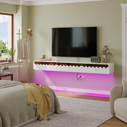 Floating TV Stand, 55IN Fully-Assembled Wall Mounted Wave Glass with Flip-Down Door & Drawers, Modern Media Entertainment Console Under TV Shelf for Livingroom