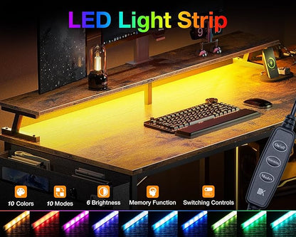 ODK 66 Inch Gaming Desk with USB Charging Ports and LED Lights, Reversible L Shaped Computer Desk with Storage Shelves & Monitor Stand, Home Office Desk Table with Power Outlets, Vintage