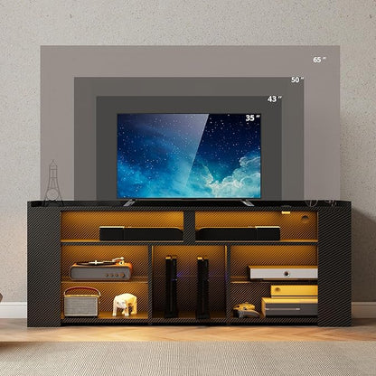 IRONCK Entertainment Center with Storage, 55 Inch Tall TV Stand W/Power Outlet, LED Gaming TV Cabinet for PS4, Black TV Stand with Carbon Fiber