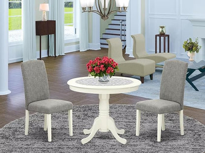 East West Furniture ANEN3-LWH-06 3 Piece Kitchen Table Set Contains a Round Dining Table with Pedestal and 2 Dark Shitake Linen Fabric Parson Dining Room Chairs, 36x36 Inch, Linen White