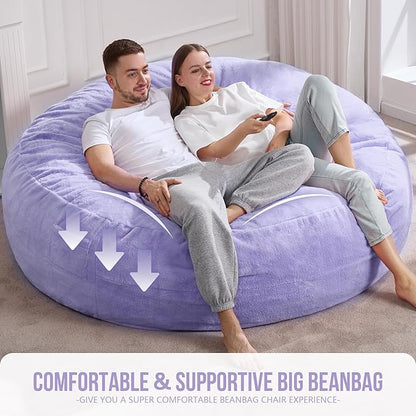 Hobestluk 6ft Bean Bag Chairs for Adults Large Beanbag Chair with Plush Faux Fur Cover Big Bean Bag Chair for Living Room Bedroom Dorm Office - Purple (70" x 70" x 15")