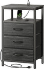 Huuger Nightstand with Charging Station, 27.6 Inch End Table Bedside Table with USB Ports and Outlets, Night Stand for Bedroom, Fabric Drawers, Charcoal Black Wood Grain Print