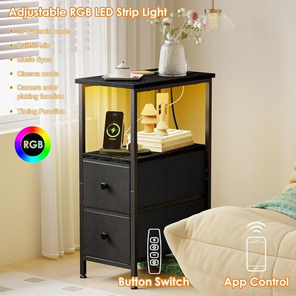 Fixwal Narrow Side Table with Charging Station and LED Light, Skinny Nightstand with 2 Fabric Drawers, Slim End Table for Bedroom, Dorm, Small Space, Black