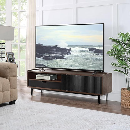 Manhattan Comfort Duane Modern Ribbed 55 Inch TV Stand with 1 Drawer, 2 Shelves, Sliding Door, and Wire Management, Mid-Century Style Entertainment Center and Media Console for Living Room, Black