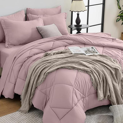 HEVUMYI Rose Gold Cali-King Comforter Set - 7-Piece All Season Bed in a Bag Cali-King, Ultra Soft Bedding Set with Comforter, Flat Sheet, Fitted Sheet, Pillowcases, Pillow Shams