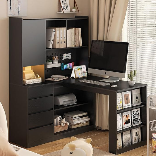KEIKI L Shaped Home Office Desks with LED Light, Pegboard, Hutch, Drawers, Bookshelf & Storage Shelves, Modern Wooden Gaming Computer Corner Table for Work, Study, Writing