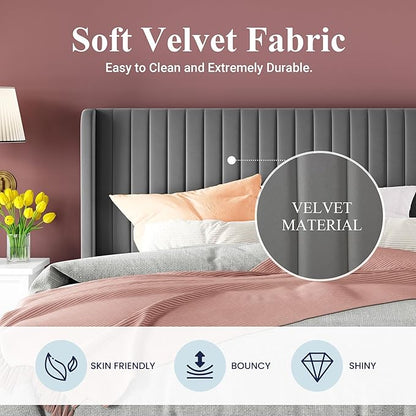Allewie Full Size Velvet Bed Frame/Vertical Channel Tufted Wingback Headboard/Upholstered Platform Bed/Strong Wooden Slats/No Box Spring Needed/Easy Assembly/Grey
