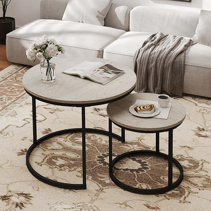Nesting Tables Set of 2, Round Coffee Table, Small Nesting Coffee Table with Adjustable Non-Slip Fee, Wood Grain Top Nesting Tables for Living Room, Bedroom (Wood Grain Grey)