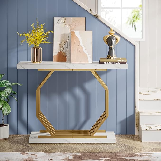Tribesigns Gold Console Table, Faux Marble Entryway Table Narrow Sofa with Geometric Metal Base, 40 Inch Modern Accent Entrance for Living Room, Hallway, Foyer, White and Gold